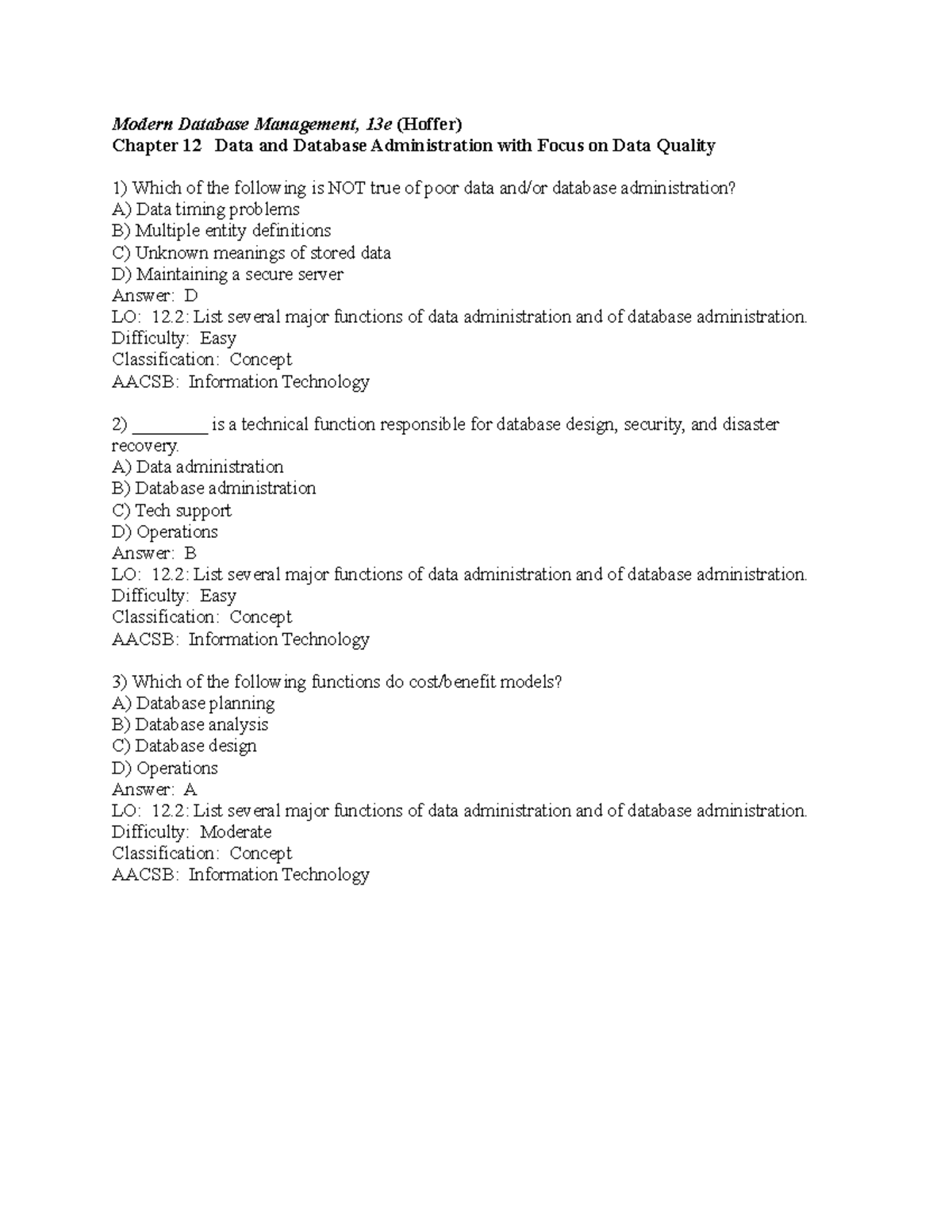 Chapter 12 MCQs: Data & Database Administration Insights (MTD 13E ...
