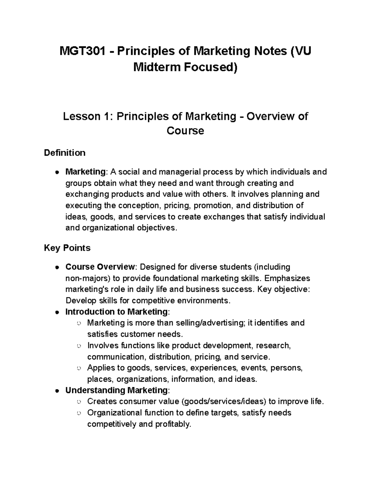 MGT301 - Principles of Marketing Notes: VU Midterm Study Guide - Studocu
