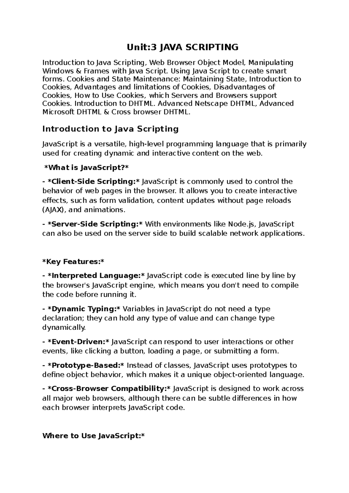 Unit 3 web - NOTES - Unit:3 JAVA SCRIPTING Introduction to Java ...