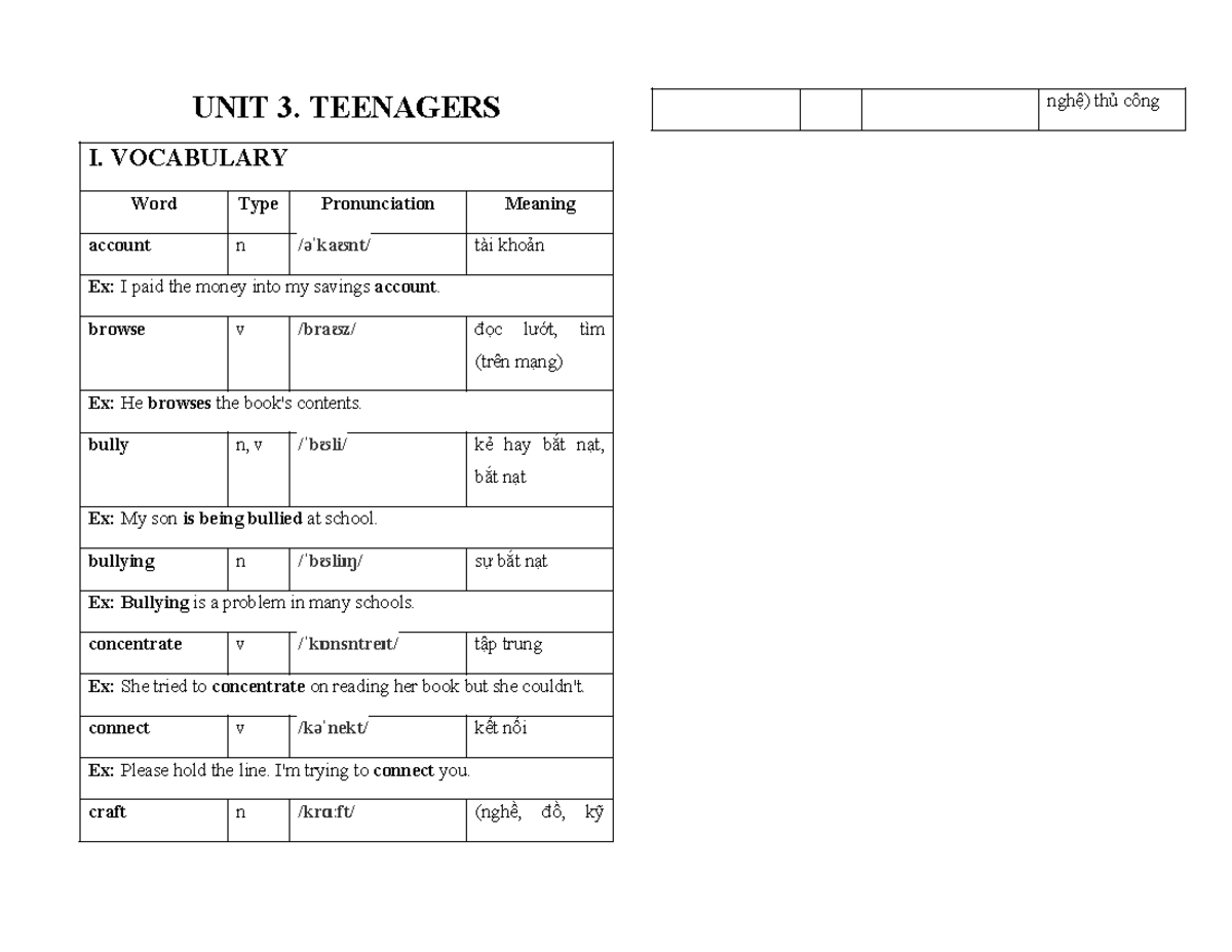 UNIT 3: TEENAGERS - Vocabulary and Sentence Structures Review - Studocu
