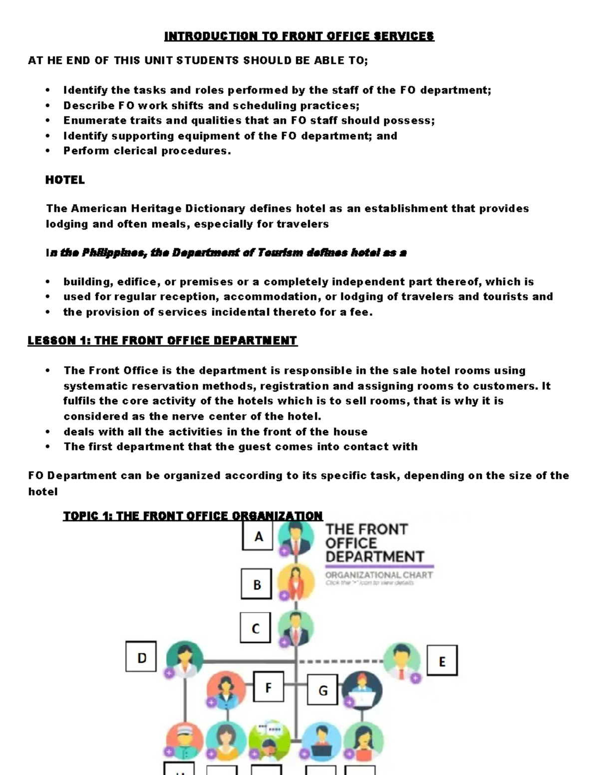 Lesson 1: Introduction to Front Office Services - TOURISM/HOTEL - Studocu