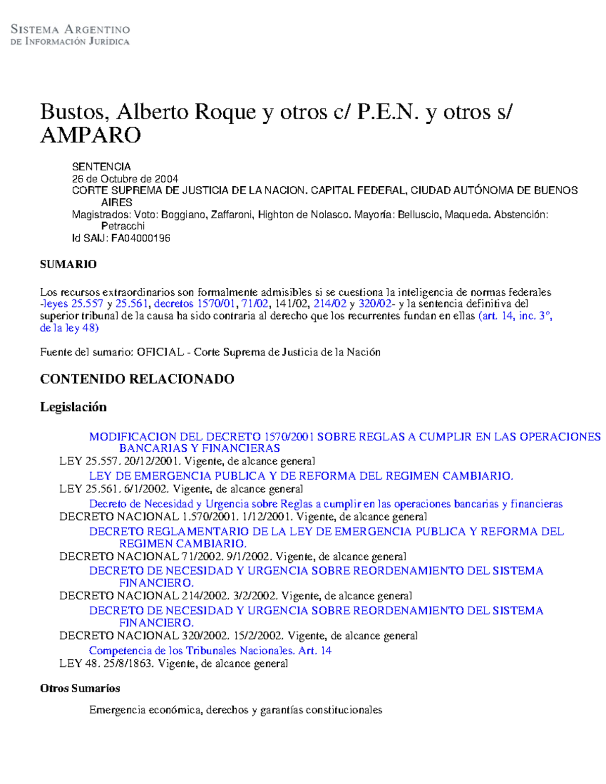 Amparo de Bustos y Otros vs. P.E.N. - Sentencia de la Corte Suprema ...