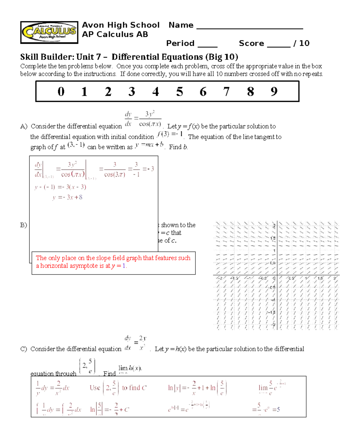 AP Calculus AB Unit 7 - Solutions to Differential Equations Problems ...