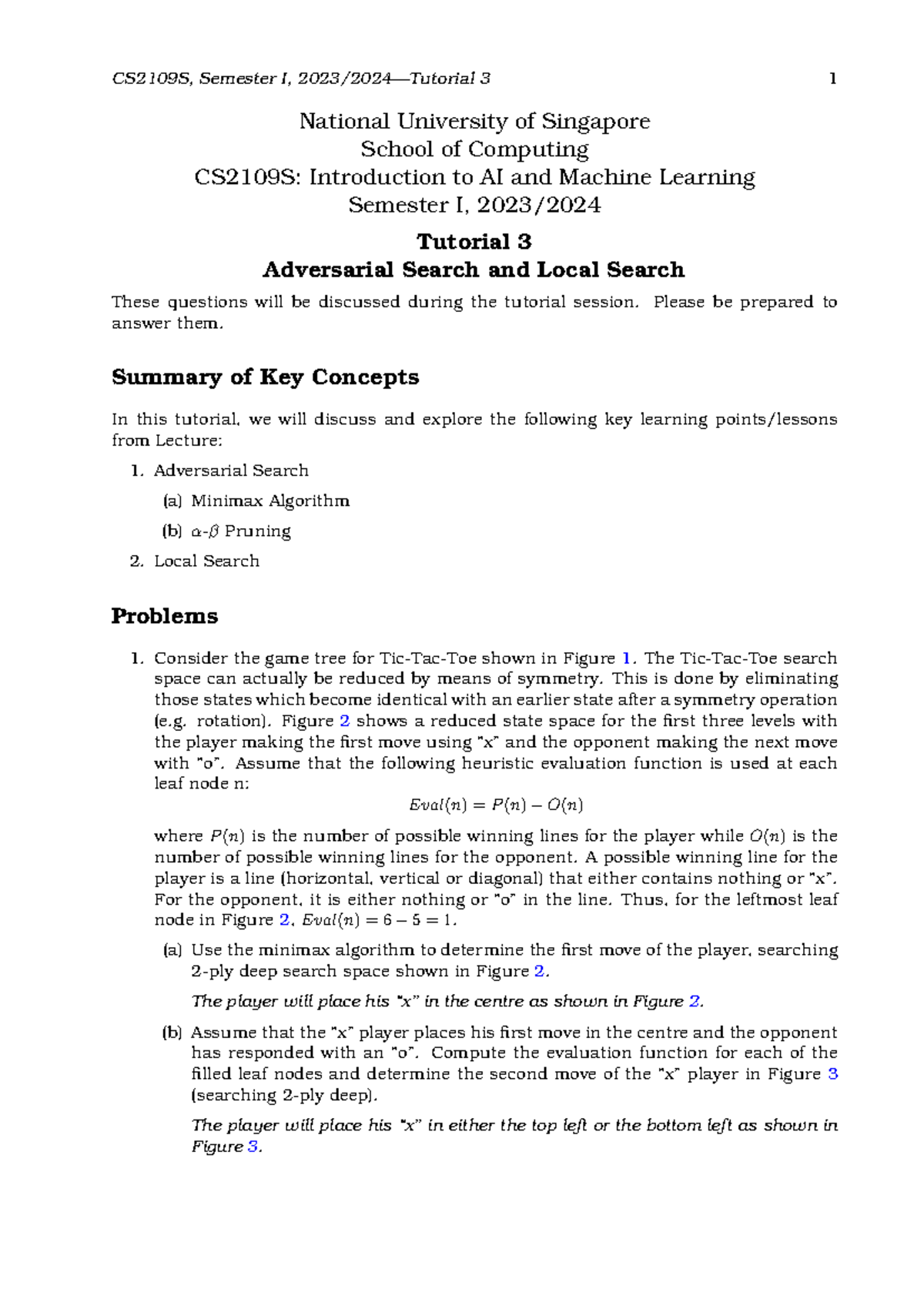CS2109S Tutorial 3 Solutions: Adversarial & Local Search Techniques ...