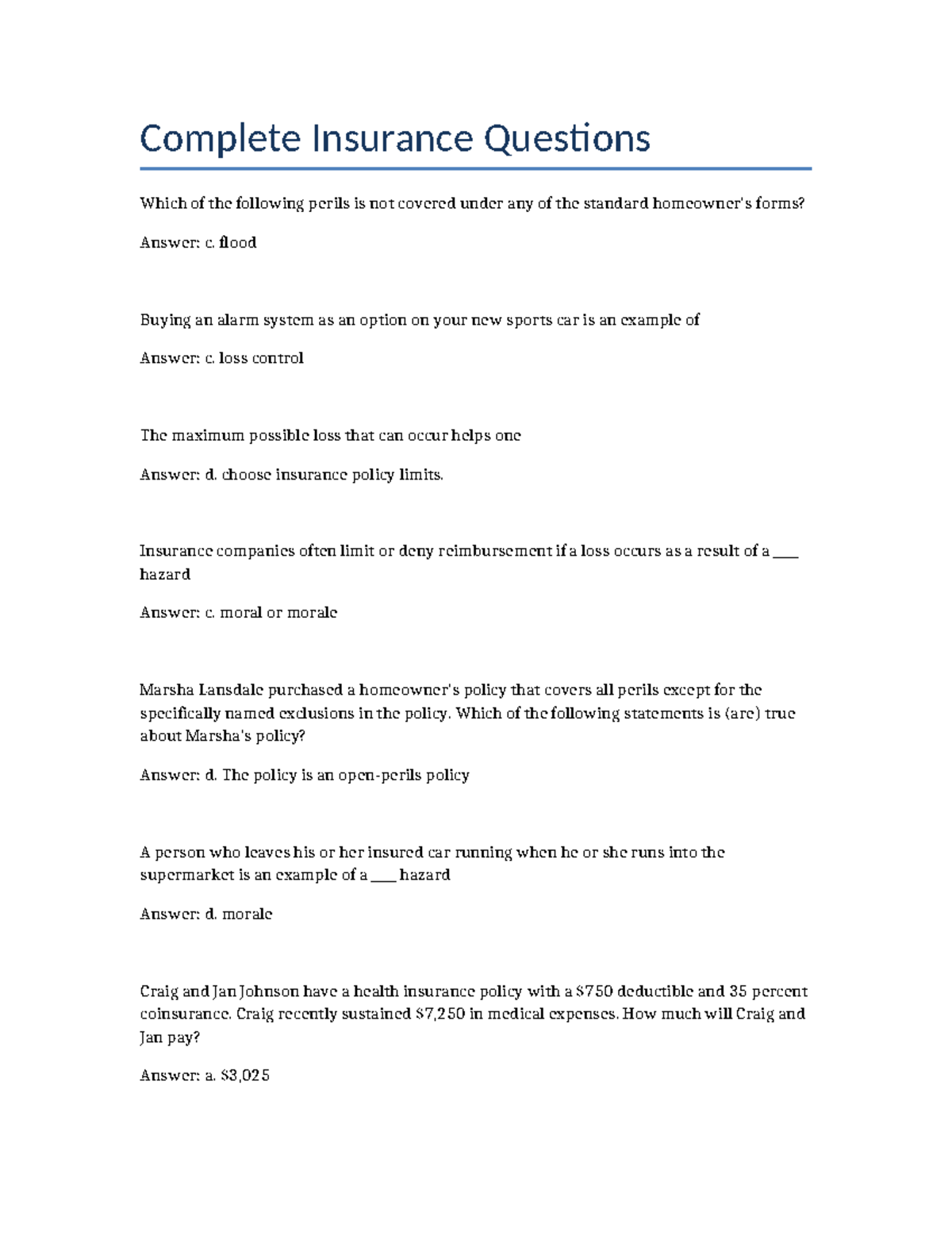 Complete Insurance Questions for Course INS101: Key Concepts and ...