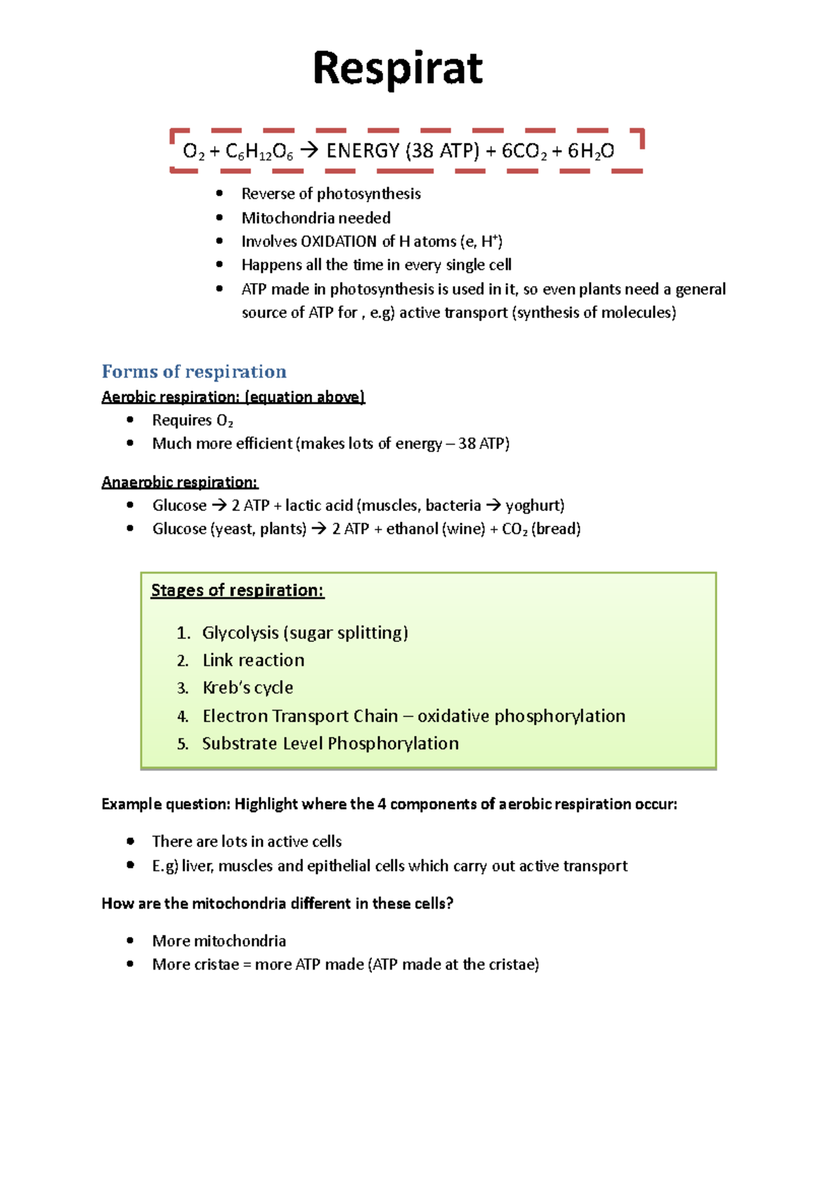 Biology 101: Respiration Final Exam Revision Notes - Studocu
