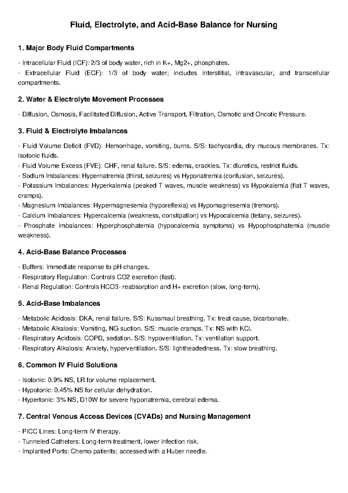 Fluid & Electrolyte Nursing Study Guide (Nursing 1) - Studocu