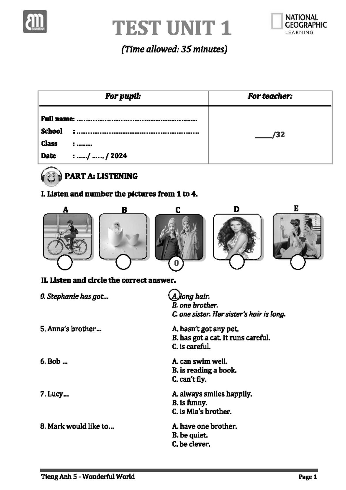 TA 5 - WW - National Test Unit 1: Listening & Reading Activities - Studocu