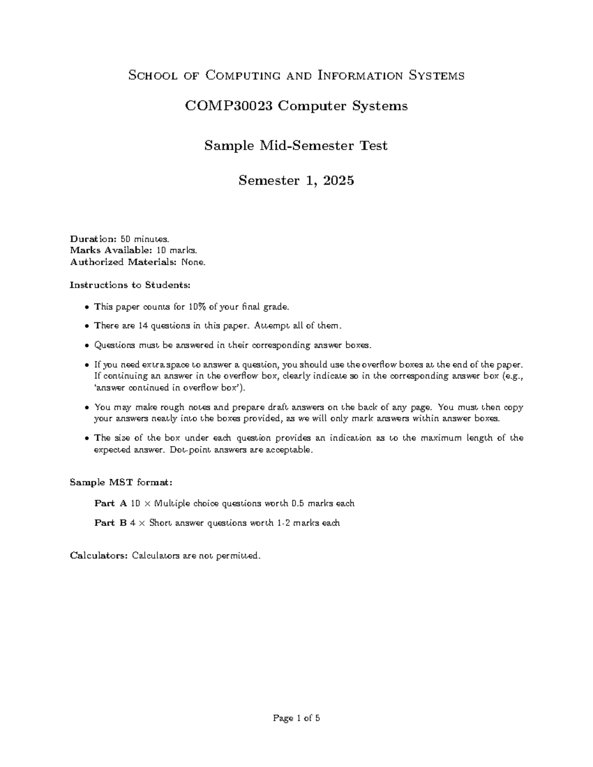COMP30023 2025 Sample Mid-Semester Test (MST) for Computer Systems ...