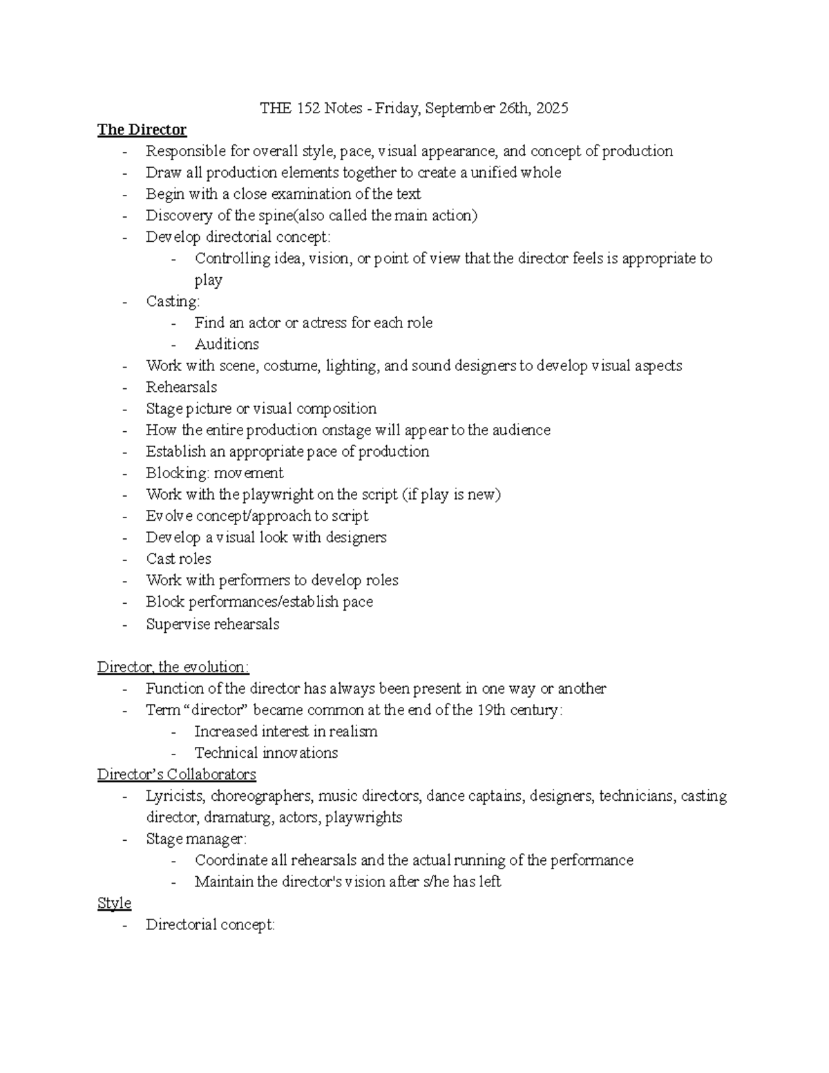 THE 152 Lecture Notes: Directorial Concepts & Production Elements - Studocu
