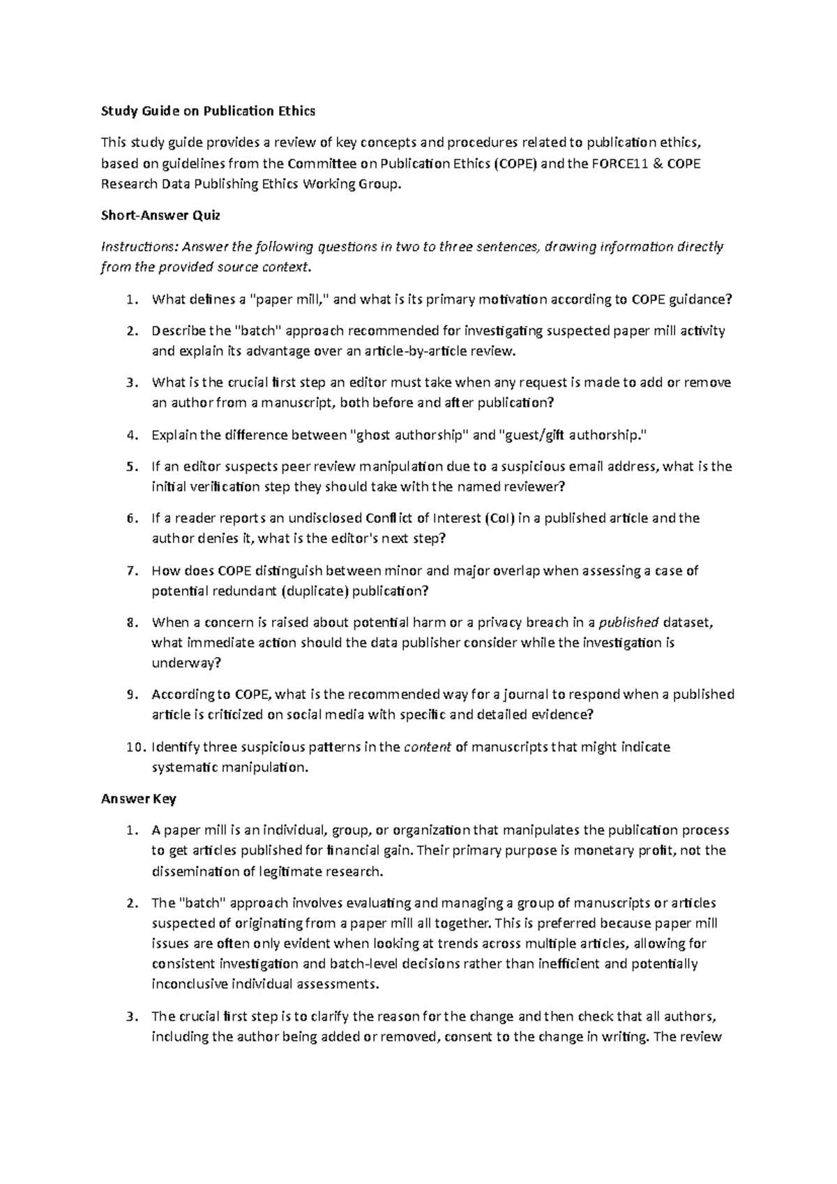 Study Guide: Publication Ethics COPE Guidelines (Final Exam) - Studocu
