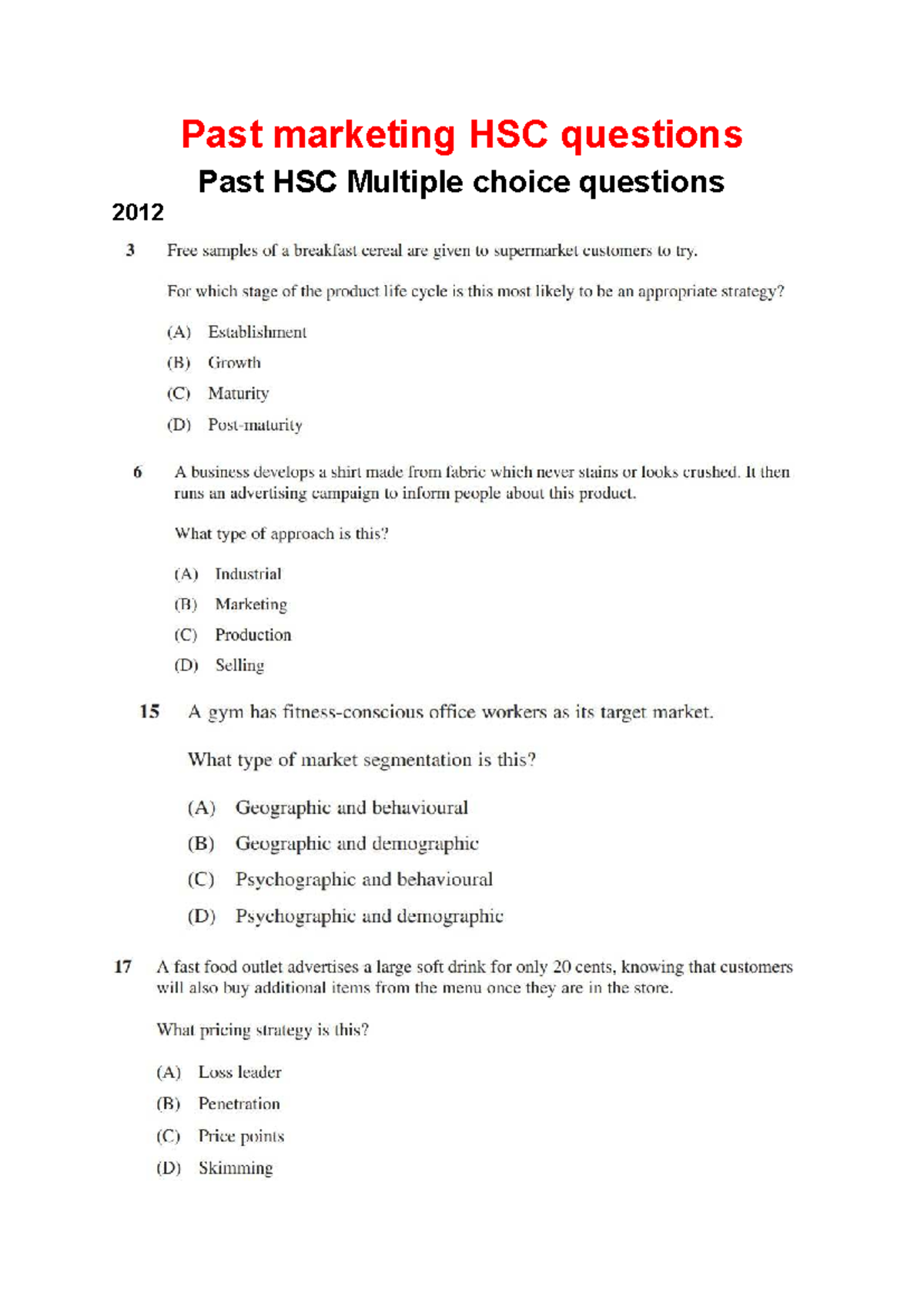 Past Marketing Questions for Business Studies HSC - Studocu
