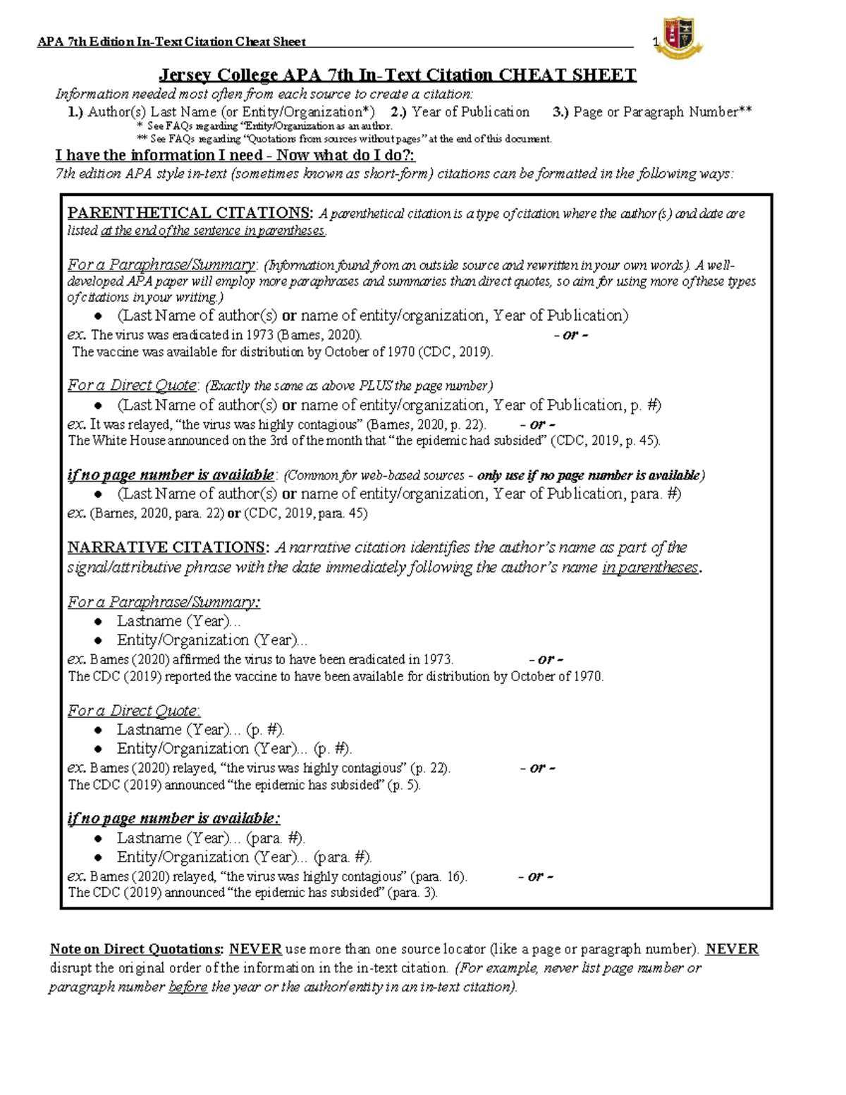 APA 7th Edition In-Text Citation Cheat Sheet for Jersey College - Studocu