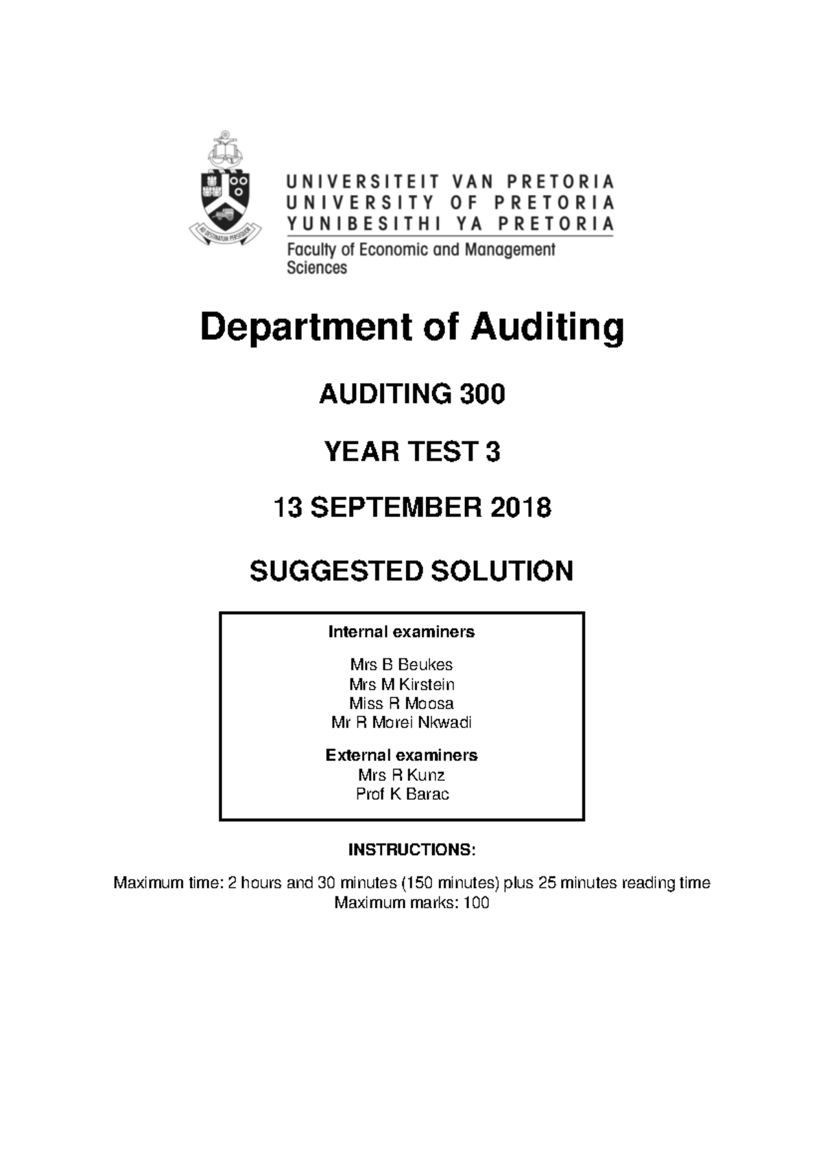 AUDITING 300 - YEAR TEST 3 SOLUTIONS (2018 YT3) - Studocu