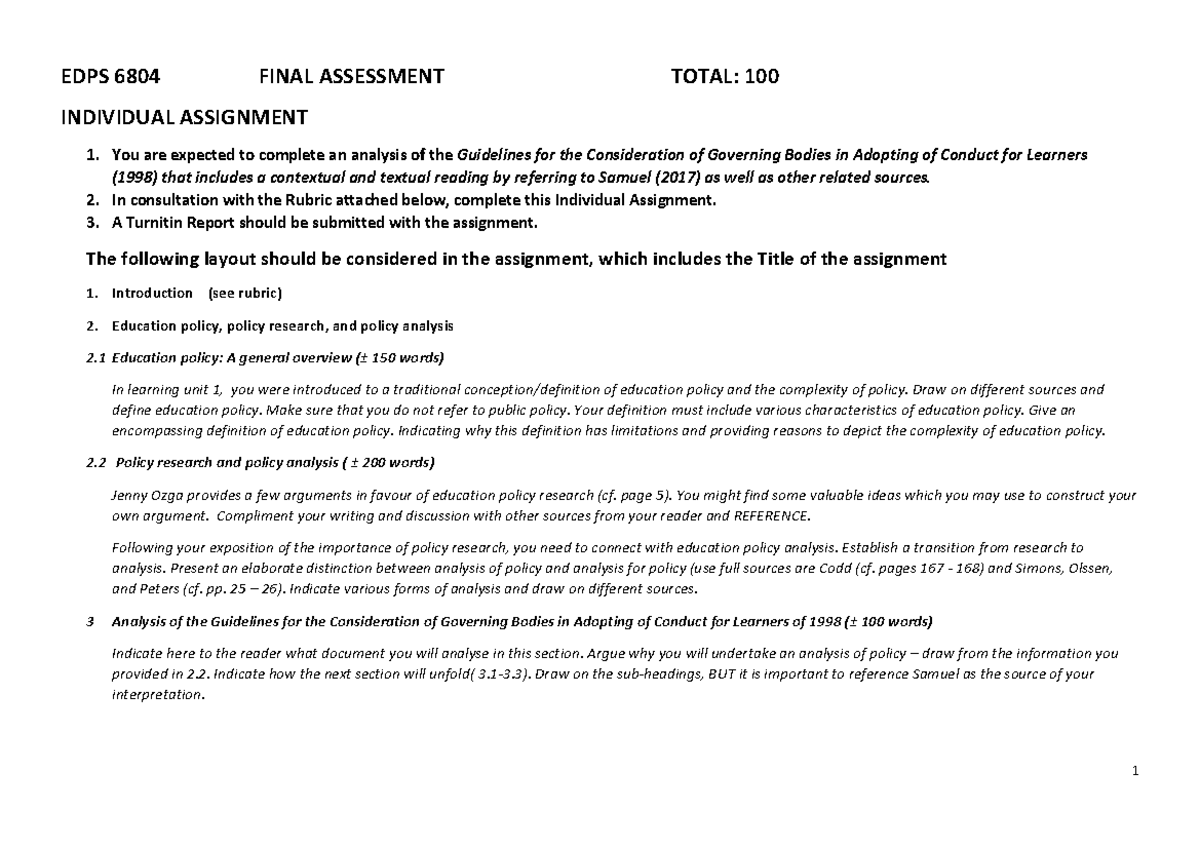 EDPS6804 Individual Assignment Rubric & Guidelines Analysis 2022 - Studocu