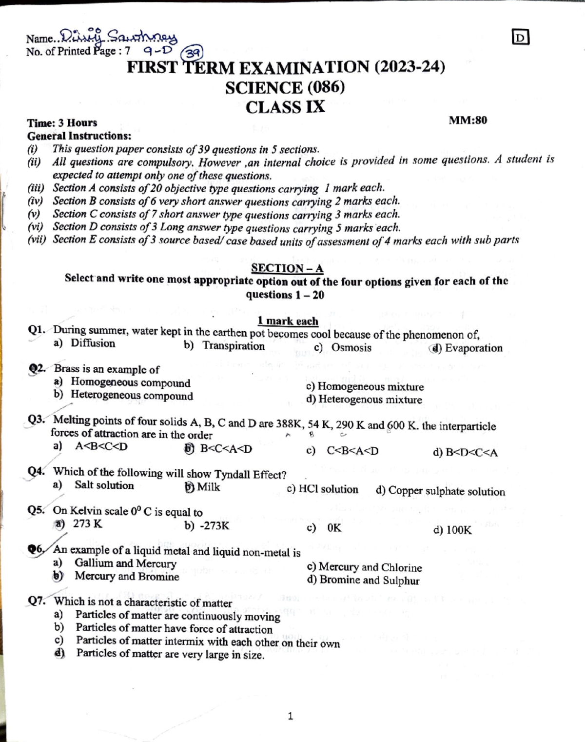 Final RM Exam Science (086) Class VI - Question Paper Analysis - Studocu