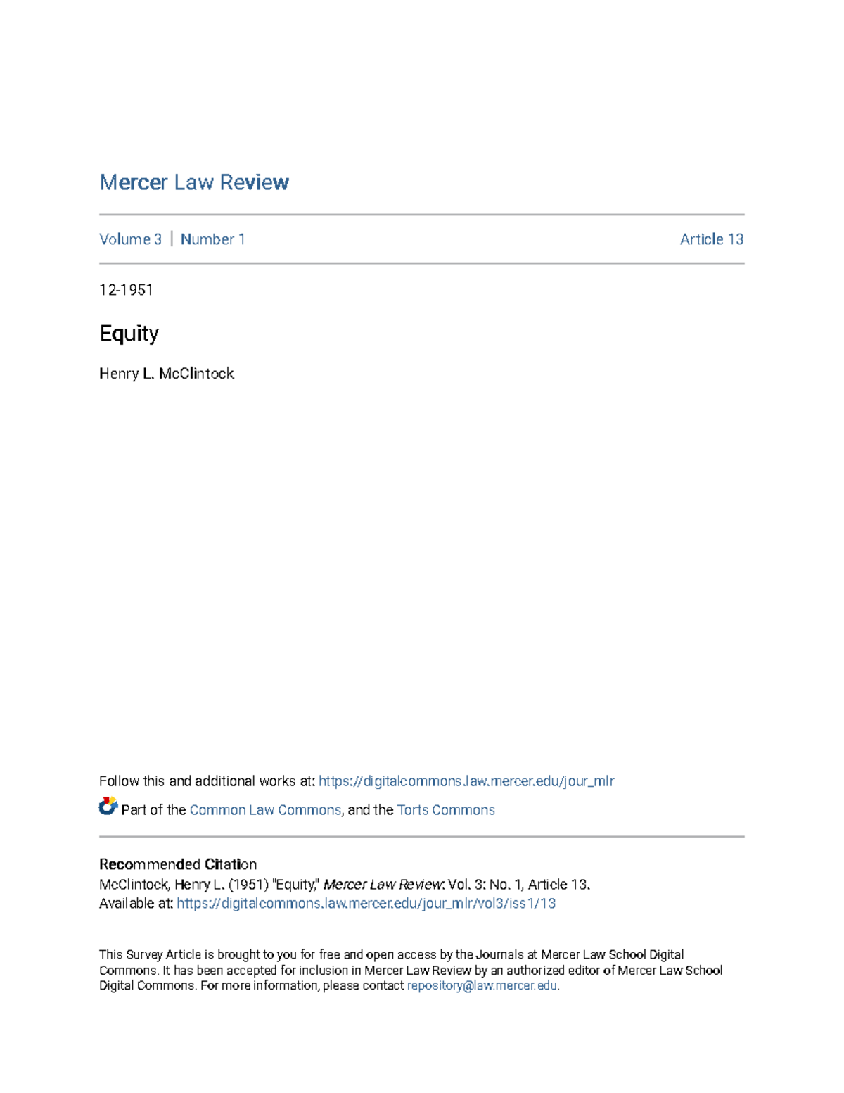 Mercer Law Review: Vol. 3, No. 1 - Equity Analysis by Henry L ...