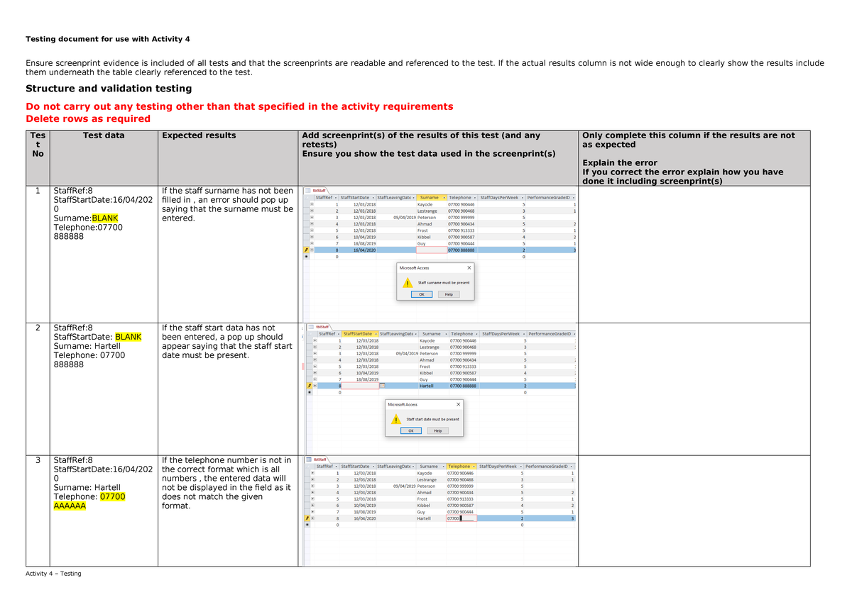 Activity 4 Testing Document: Screenprint Evidence & Validation Checks ...