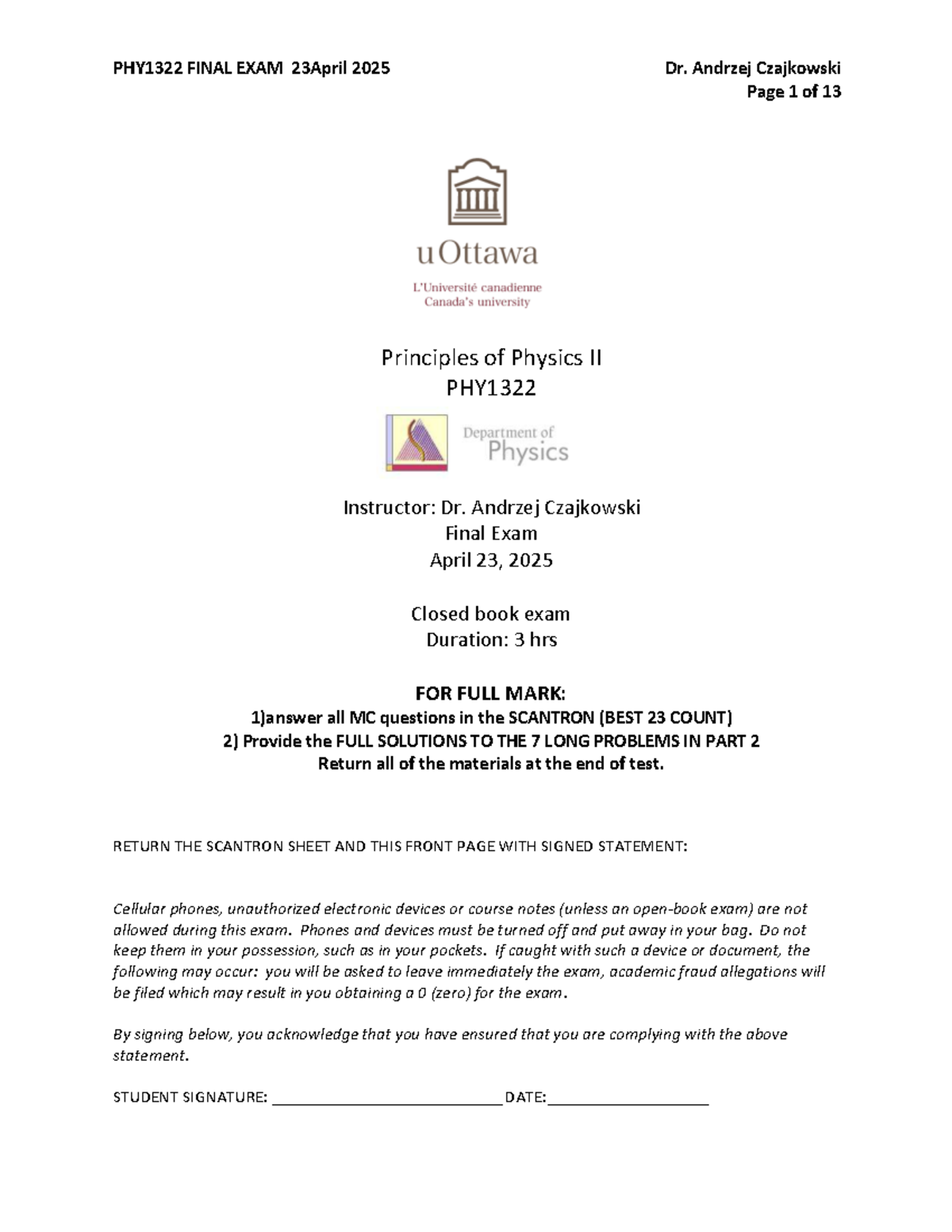 2025 PHY1322 Final Exam Formula Sheet and Key Concepts - Studocu