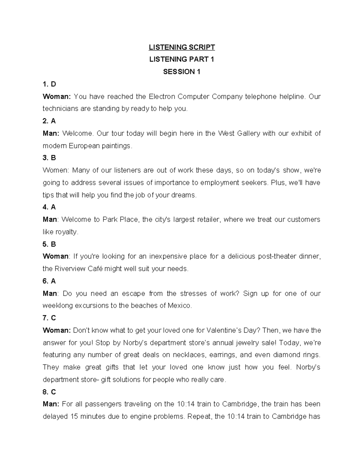 NEW Listening Script - Listening Part 1 & 2 Sessions - Studocu