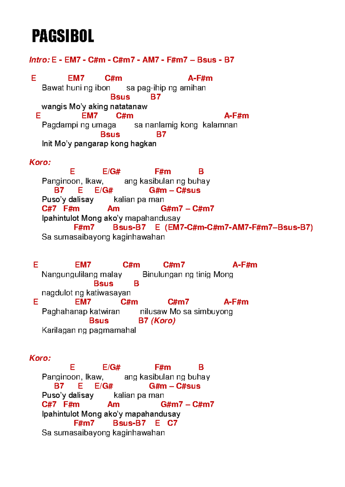 Pagsibol - Chords for Worship Song Analysis - Studocu