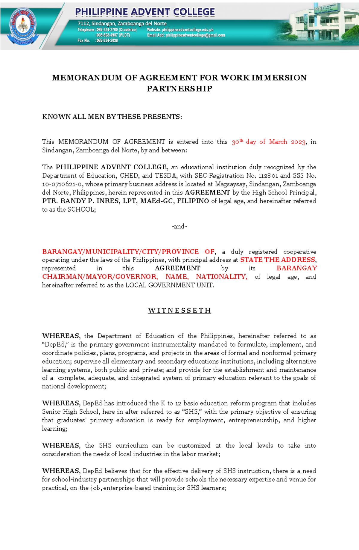 MOA for Work Immersion Partnership: Philippine Advent College & LGU ...
