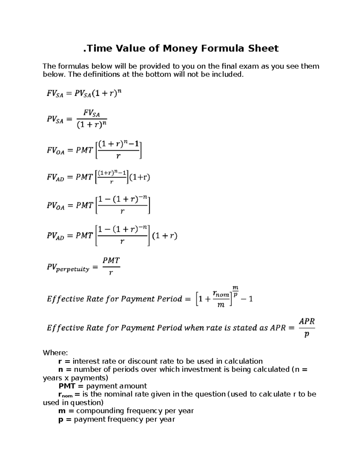 Time Value of Money Formula Sheet - Time Value of Money Formula Sheet ...