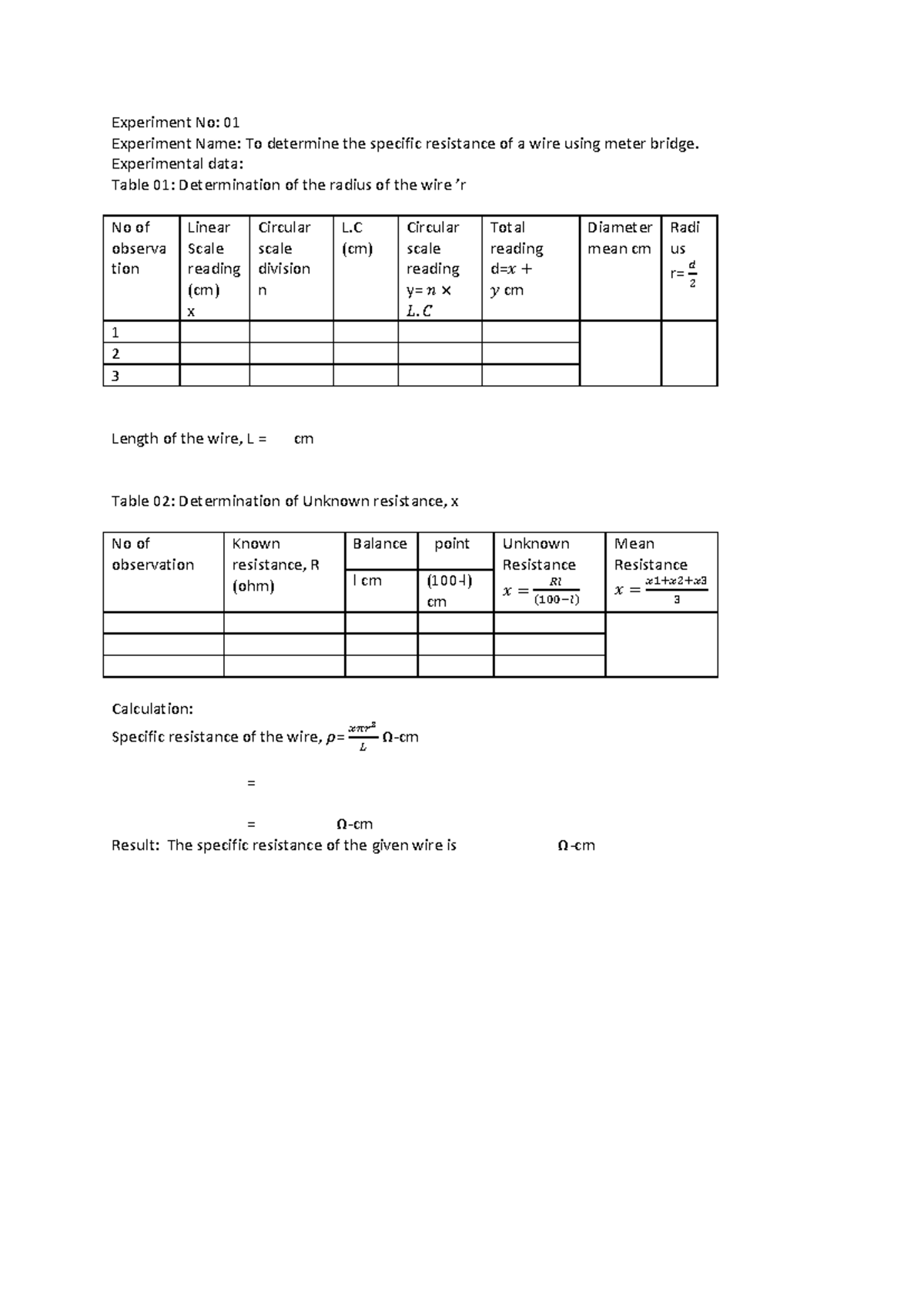 Experimental Data Sheet for Physics Experiments (PHYS 101) - Studocu
