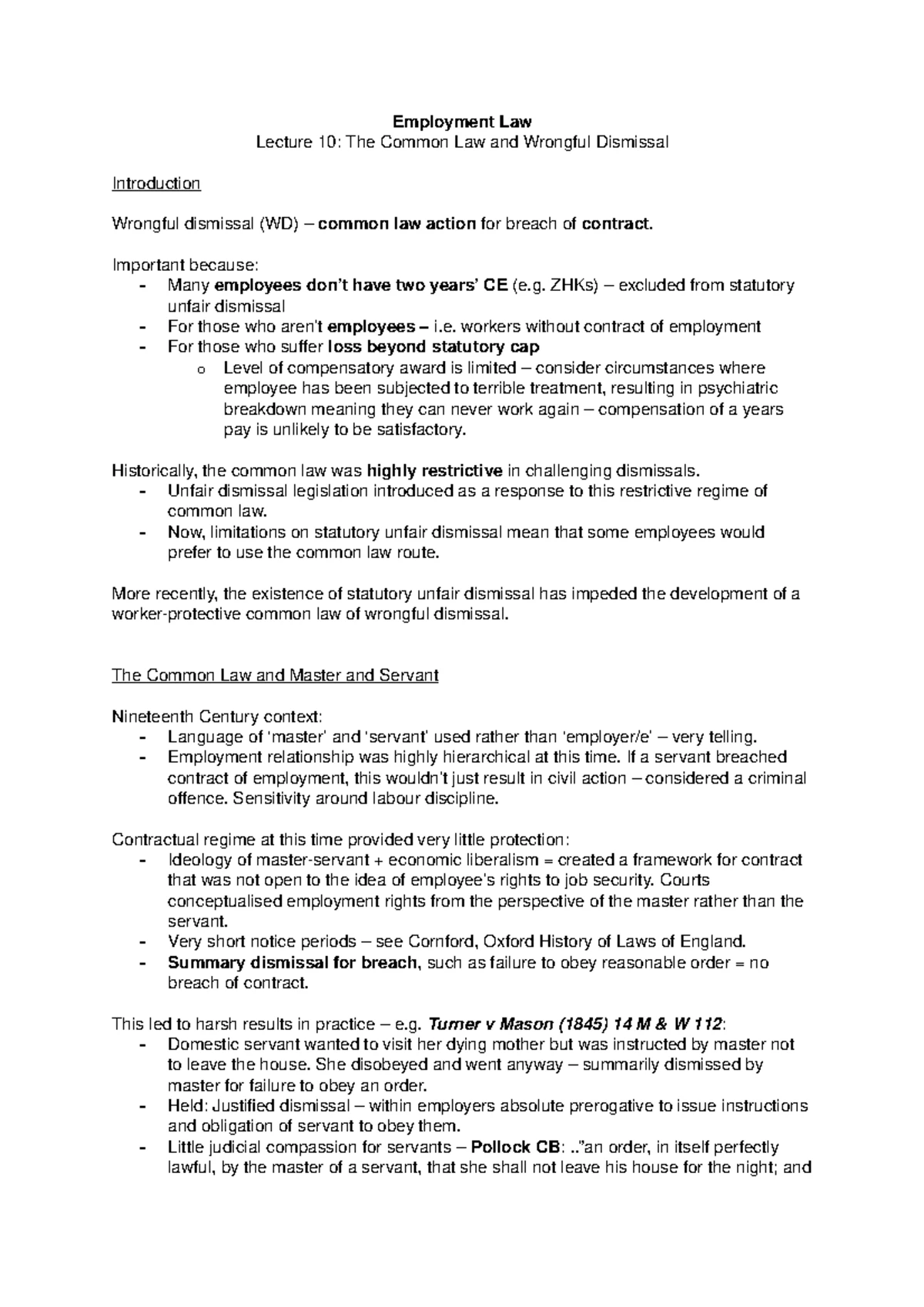 Wrongful Dismissal Laws: Key Concepts & Case Analysis (LAW 302) - Studocu