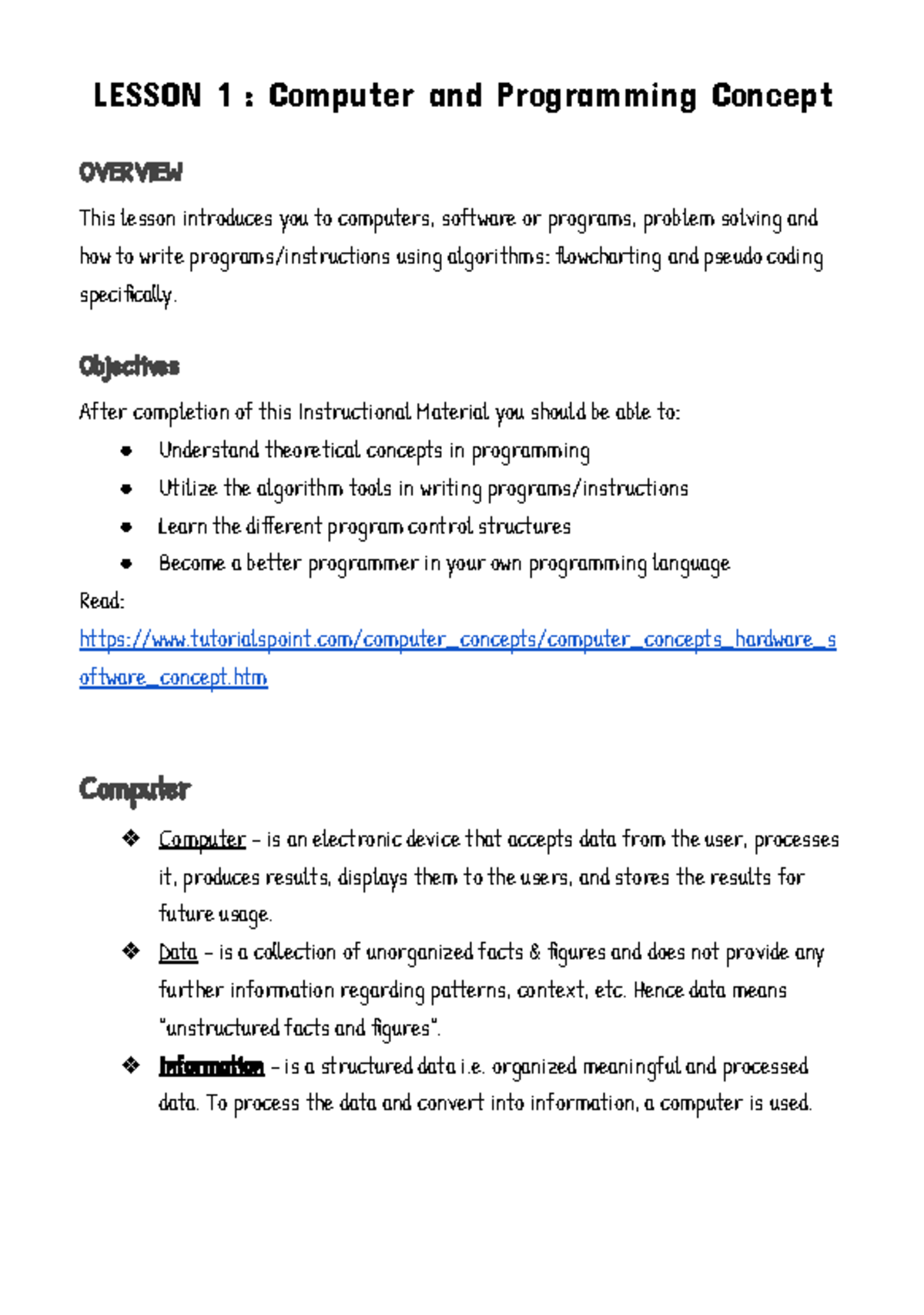 Comprog 1 Notes-1: Intro to Computer & Programming Concepts - Studocu