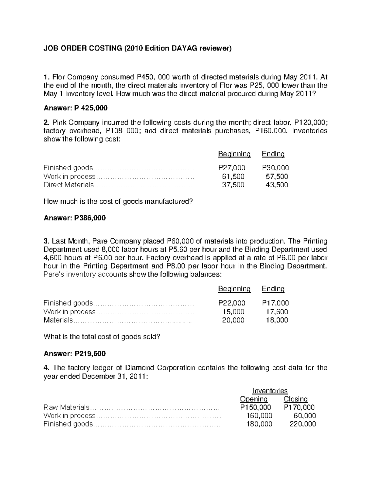 JOB ORDER COSTING: A Comprehensive Review (2010 Edition) - Studocu