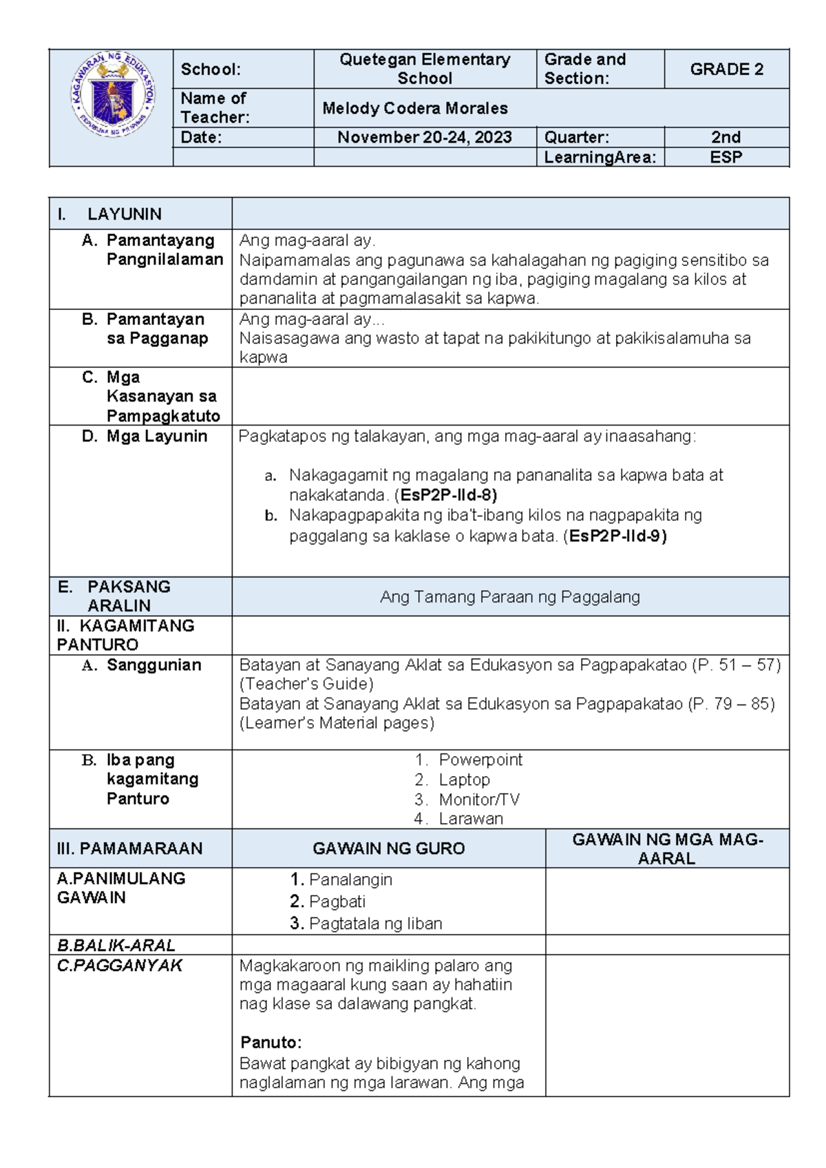 ESP-DLP - Module on Proper Respect in Grade 2 - Studocu