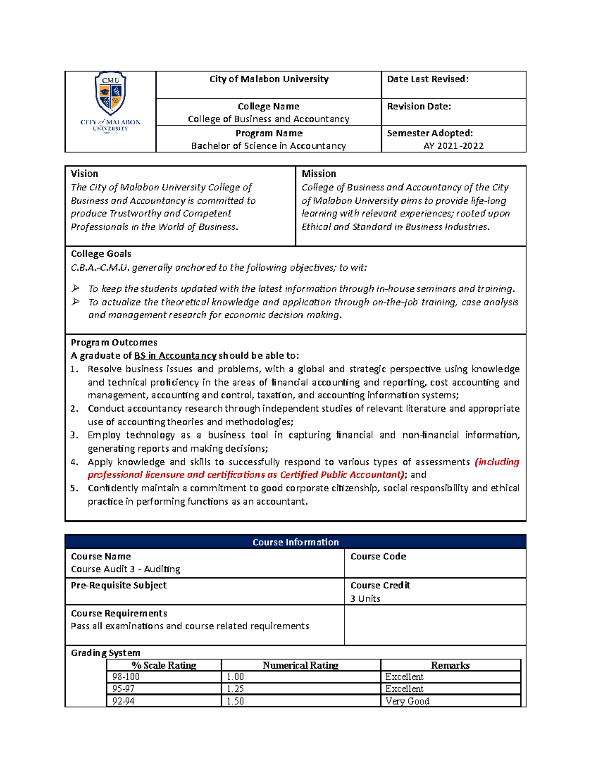 Syllabus for Course Audit 3 (BA 101) - AY 2021+ Outline - Studocu