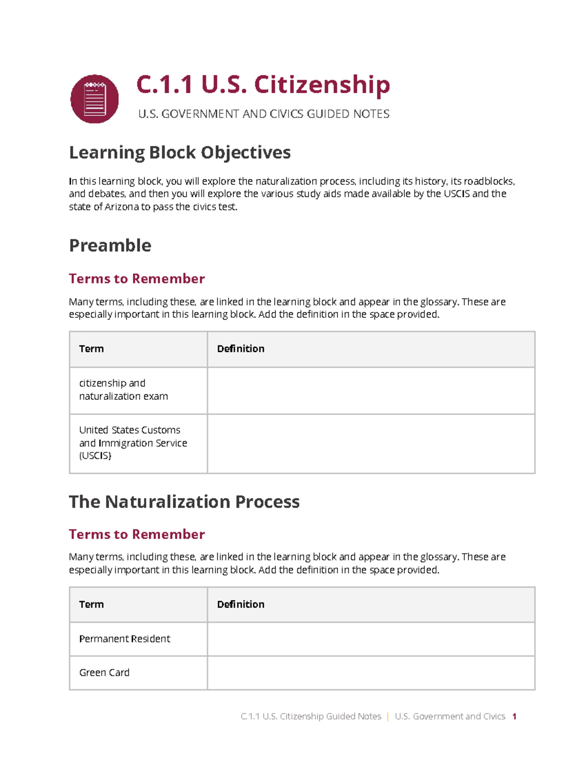 C.1.1 U.S. Citizenship Guided Notes: Overview of Naturalization Process ...