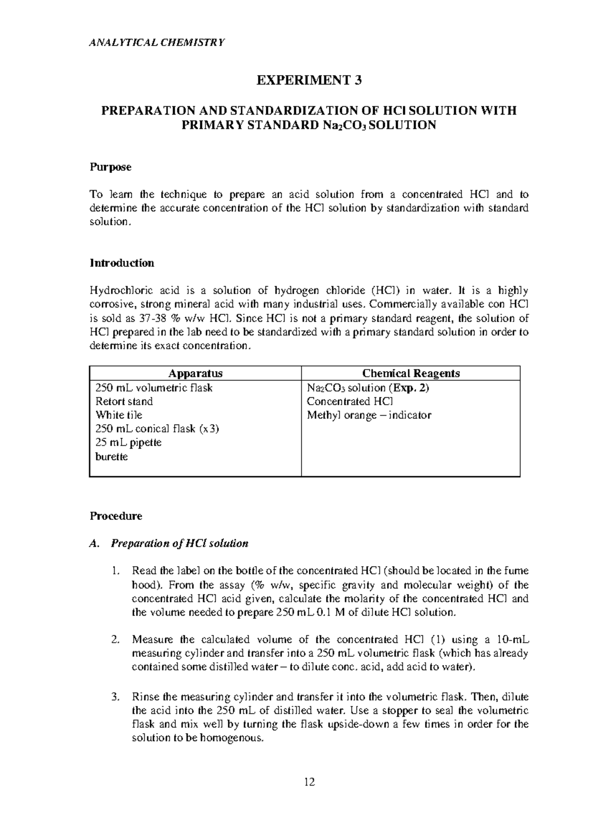 Lab Manual CHM256: Preparation and Standardization of HCl Solution ...