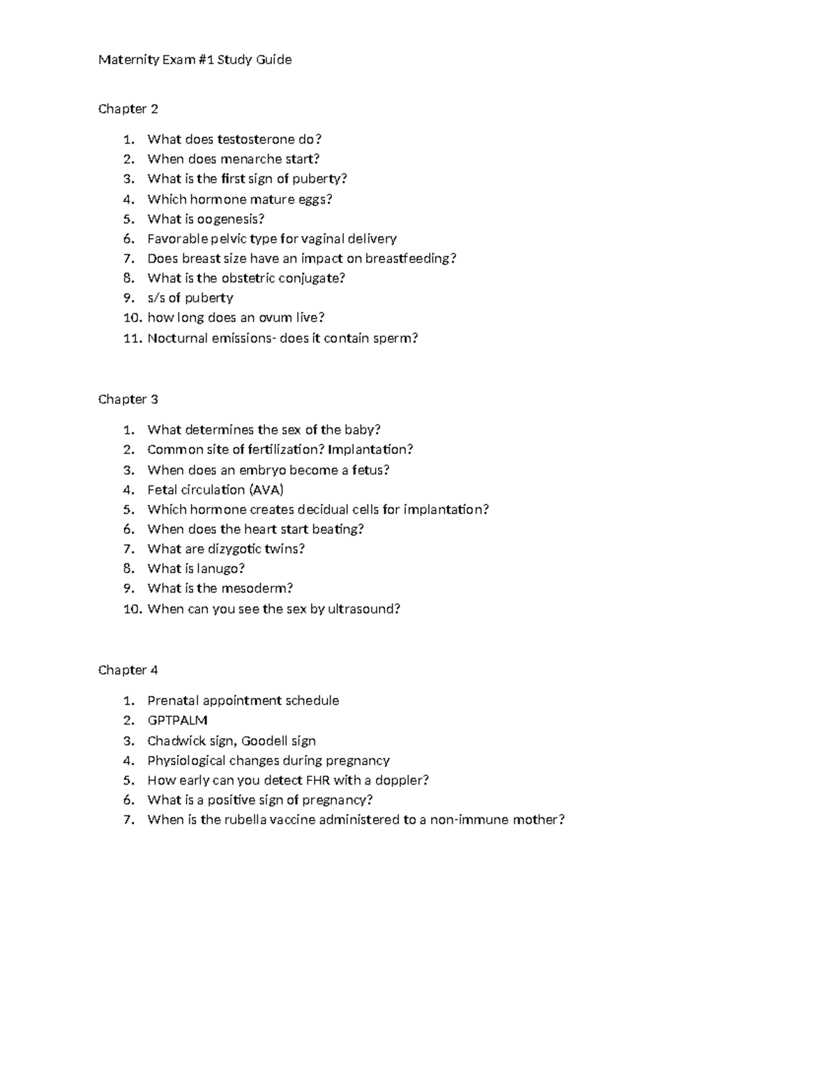 OB 101 Maternity Exam Study Guide: Key Concepts from Chapters 2-4 - Studocu