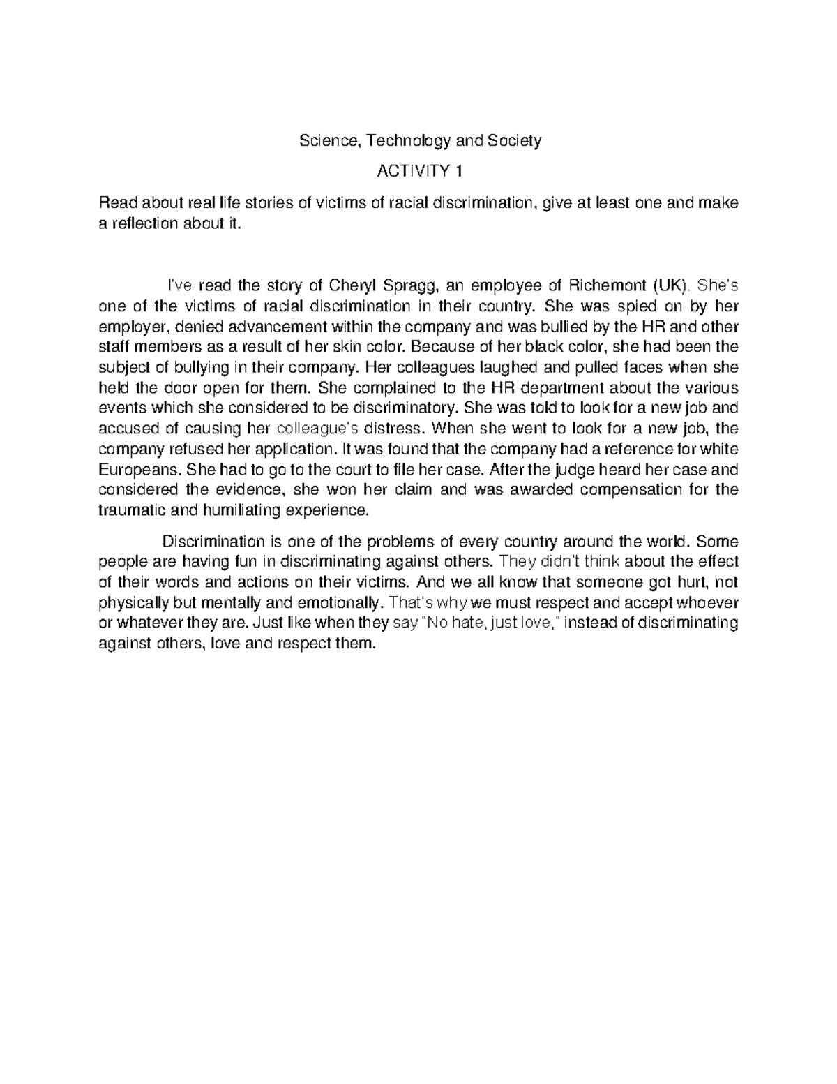 STS-Activity 1 - Activity No. 1 in Science, Technology and Society ...