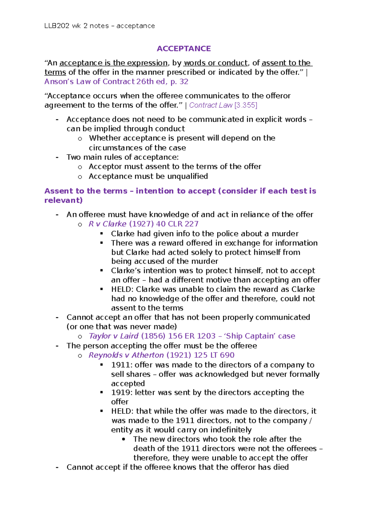 LLB202 Week 2 Notes - Understanding Acceptance in Contract Law - Studocu