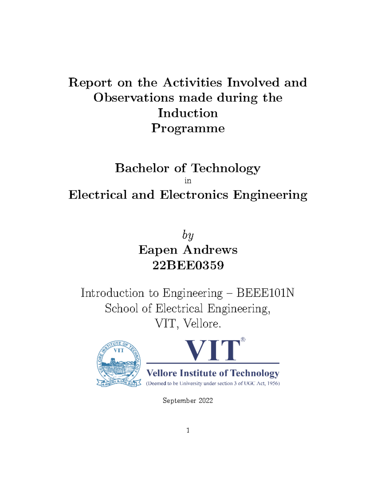 Induction Report - BEEE101N | Bachelor of Technology in EEE - Studocu