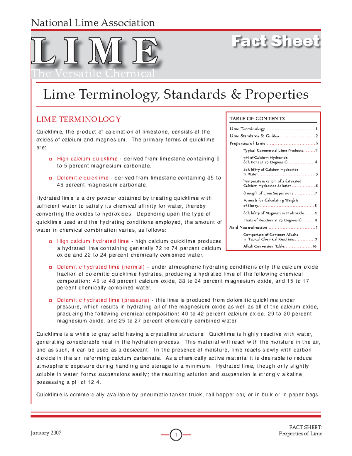 Lime Terminology, Standards & Properties - FACT SHEET: January 2007 ...