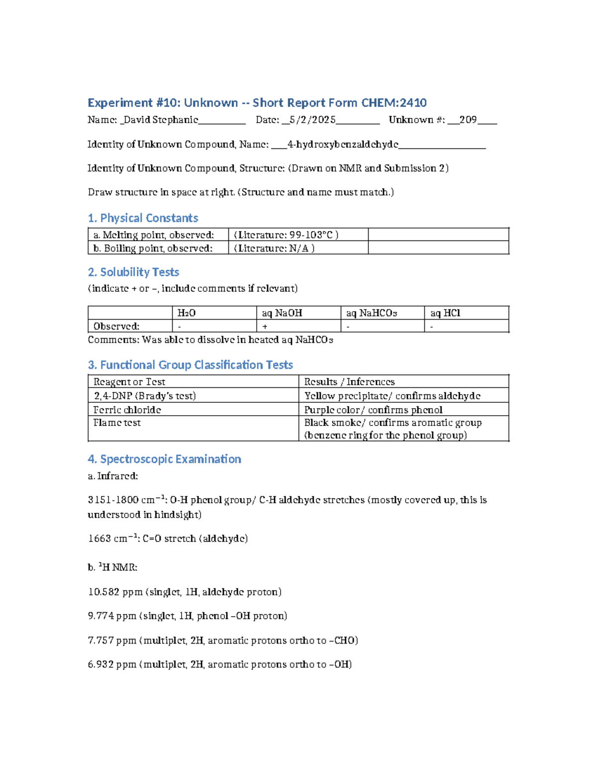 Short Report UKform (David Stephanie) - Experiment #10: Unknown - Short ...
