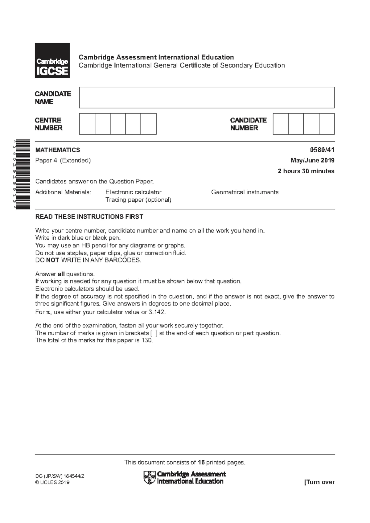 Cambridge MATHEMATICS Paper 4 (Extended) Specimen Exam 2020 - Studocu