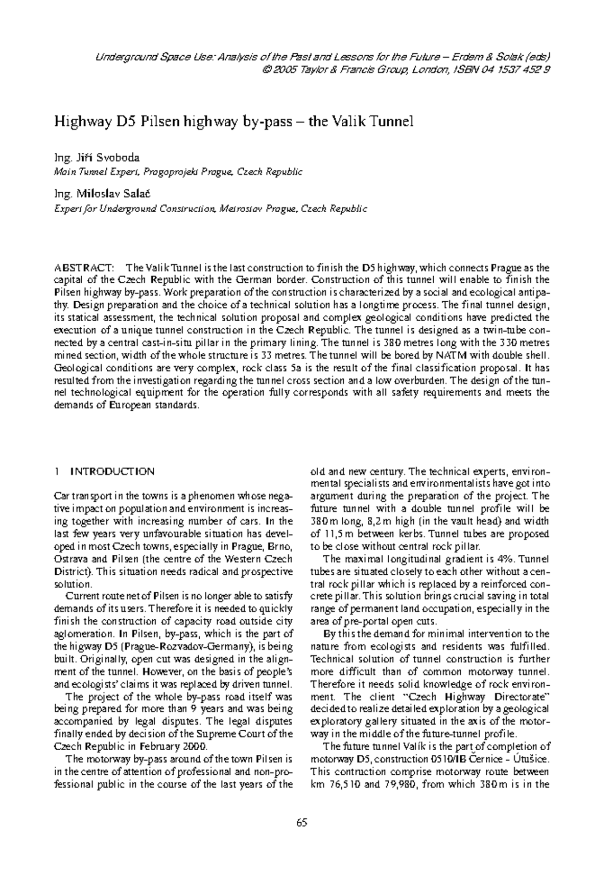Analysis of the Valik Tunnel Construction for Highway D5: Lessons ...