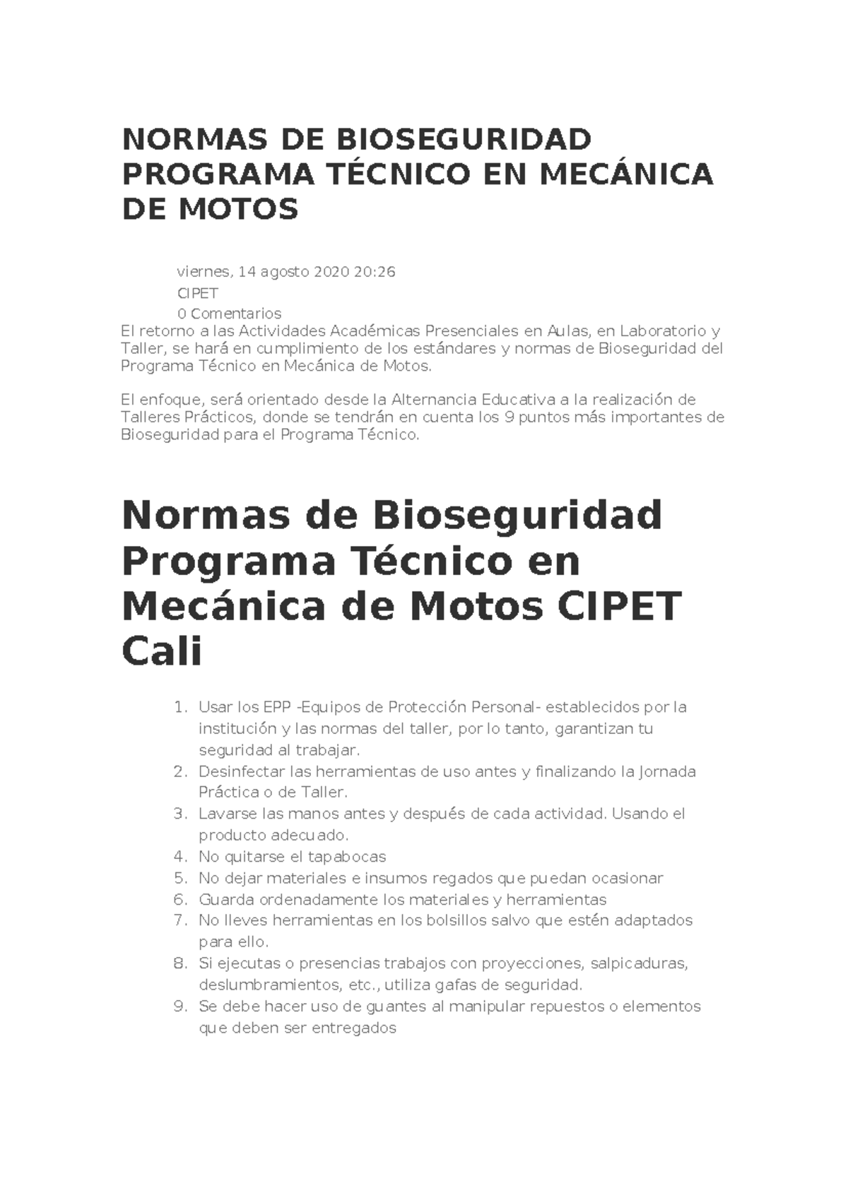 Normas de Bioseguridad en Talleres de Mecánica de Motos - CIPET - Studocu