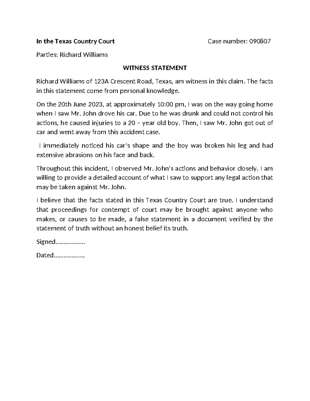 Witness Statement - Texas Court Case 090807 by Richard Williams - Studocu