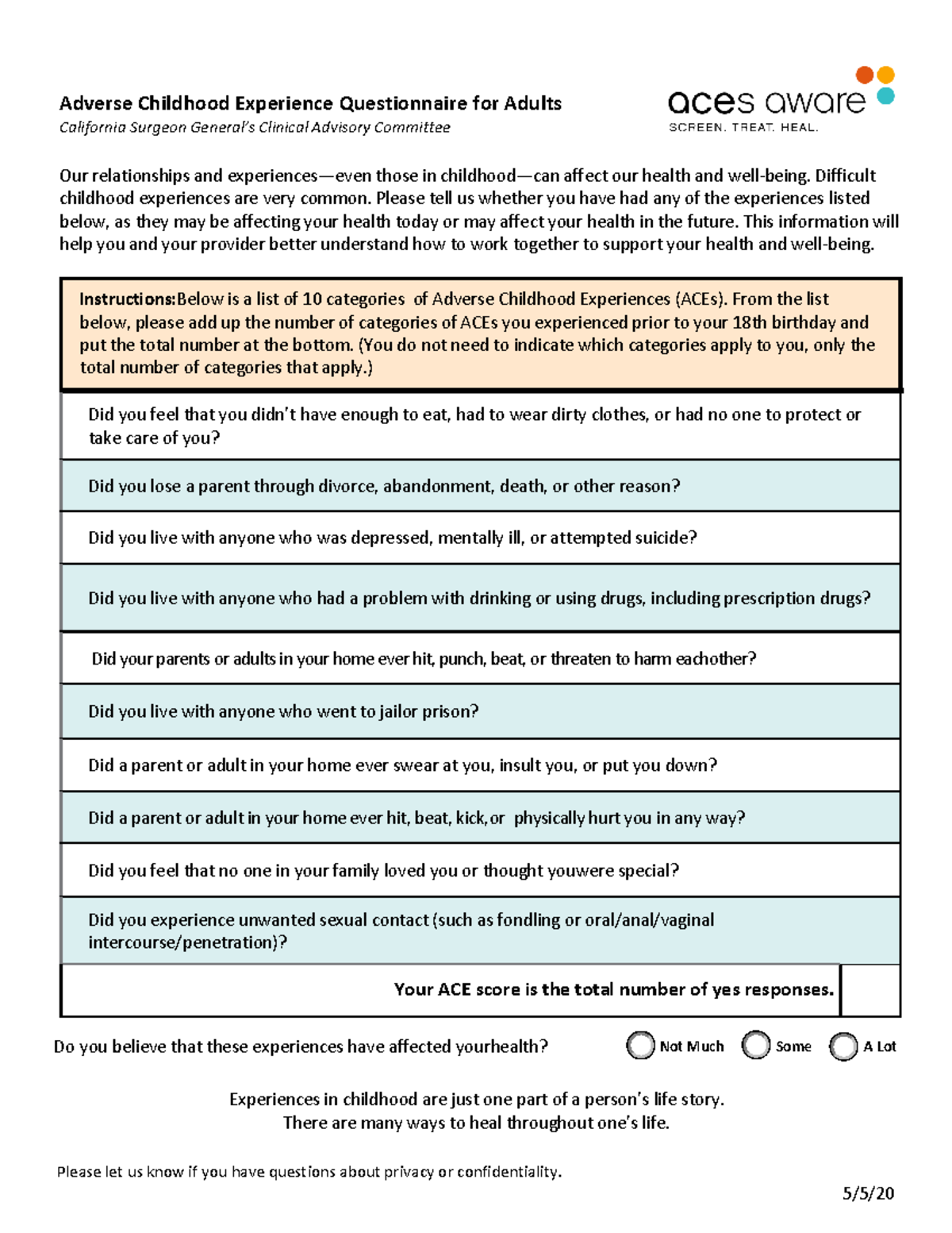 ACE Questionnaire for Adults De identified English - Adverse Childhood ...