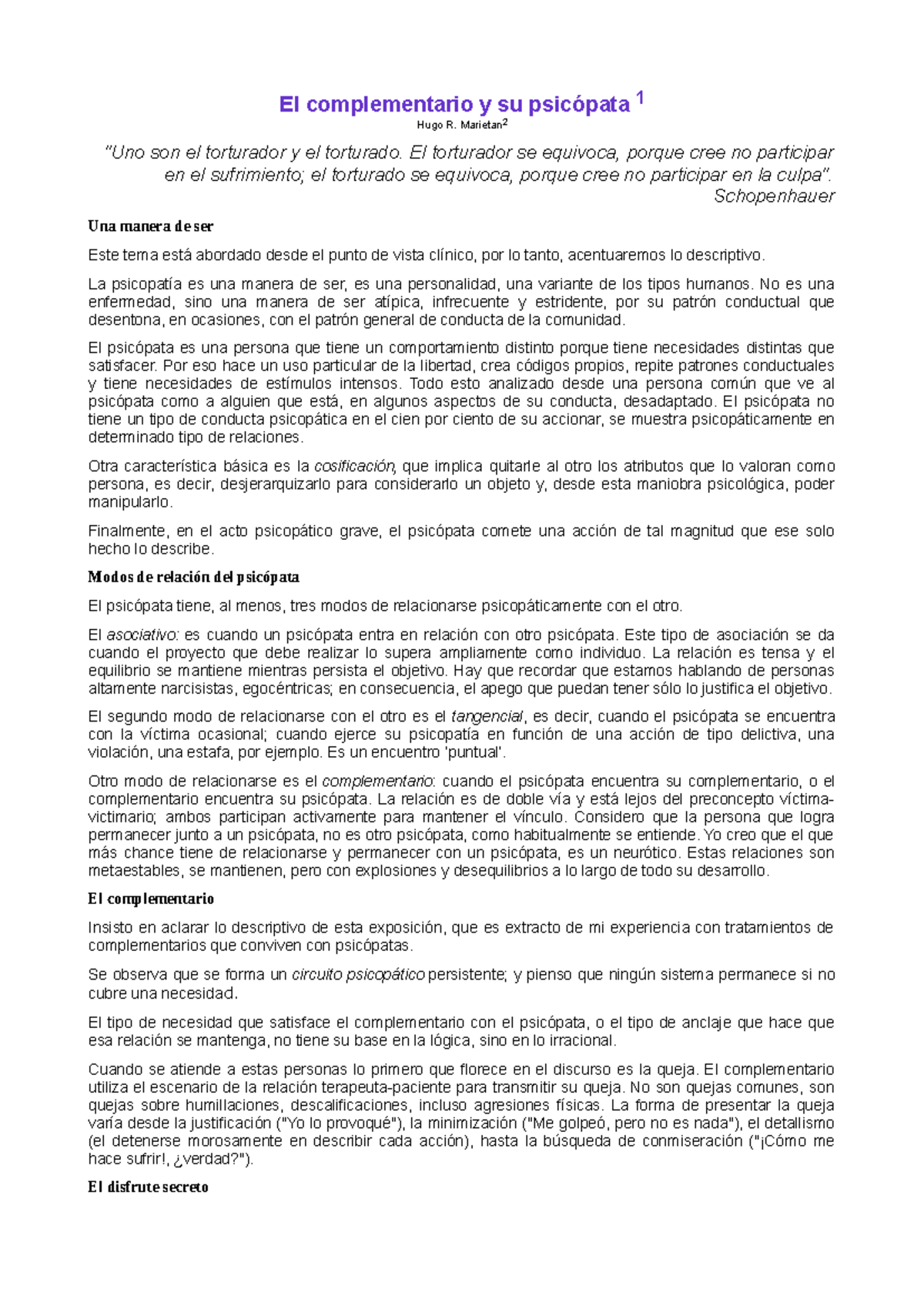El complementario y su psicopata: Una perspectiva clínica - Studocu