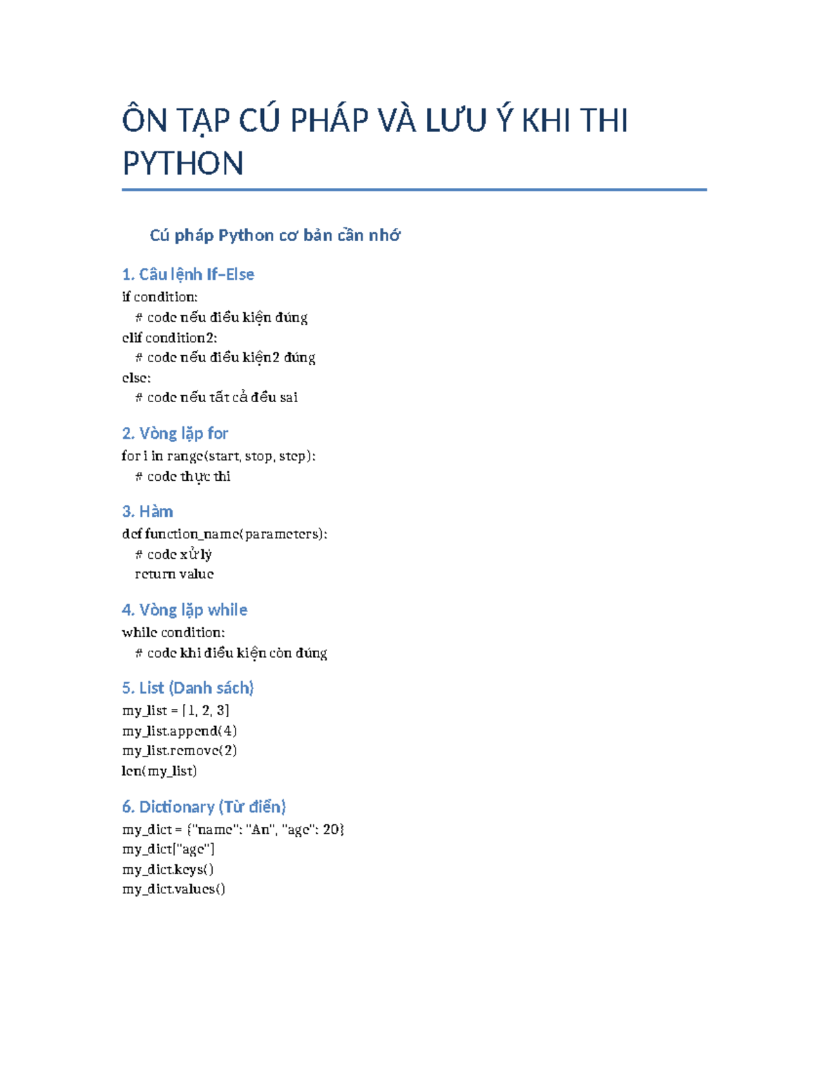 ÔN TẬP CÚ PHÁP PYTHON CHO KỲ THI FINAL EXAM - Studocu