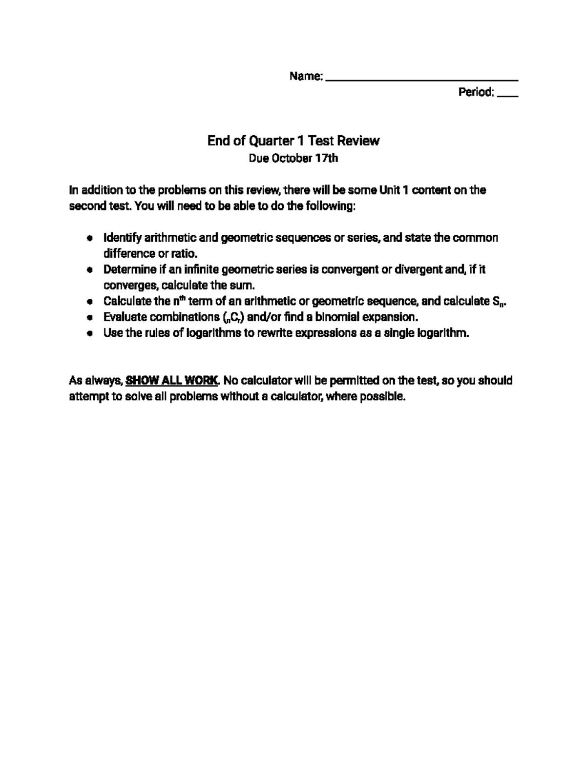 IBDP Analysis and Approaches: Q1 Test Review Packet - Studocu