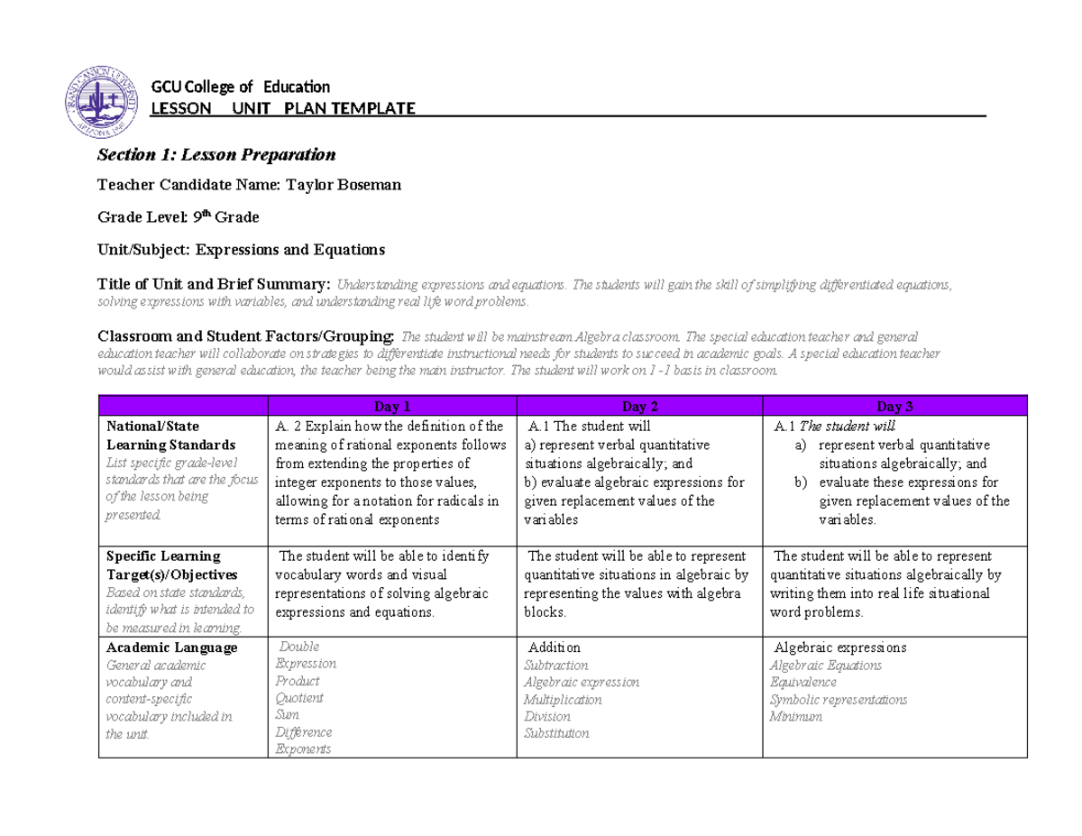3-day unit plan template 24 - Section 1: Lesson Preparation Teacher ...